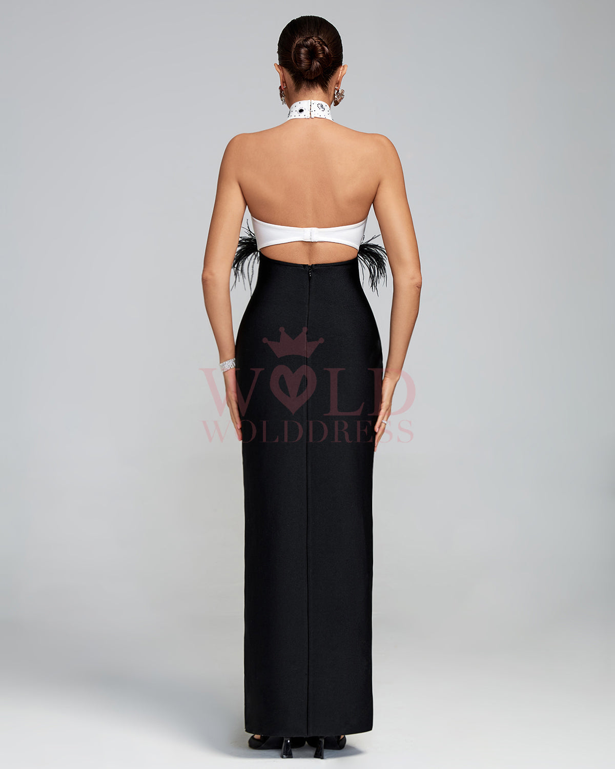 Halter Neck Feather Design Bandage Maxi Dress