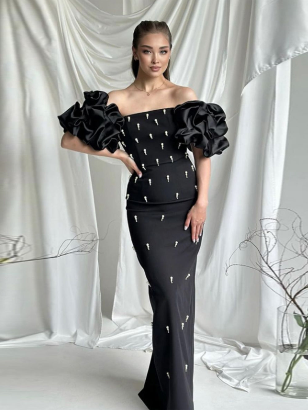 Black Off Shoulder Puff Sleeve Gown