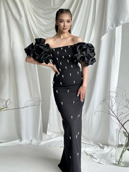 Black Off Shoulder Puff Sleeve Gown