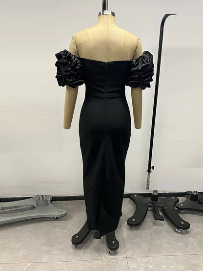 Black Off Shoulder Puff Sleeve Gown