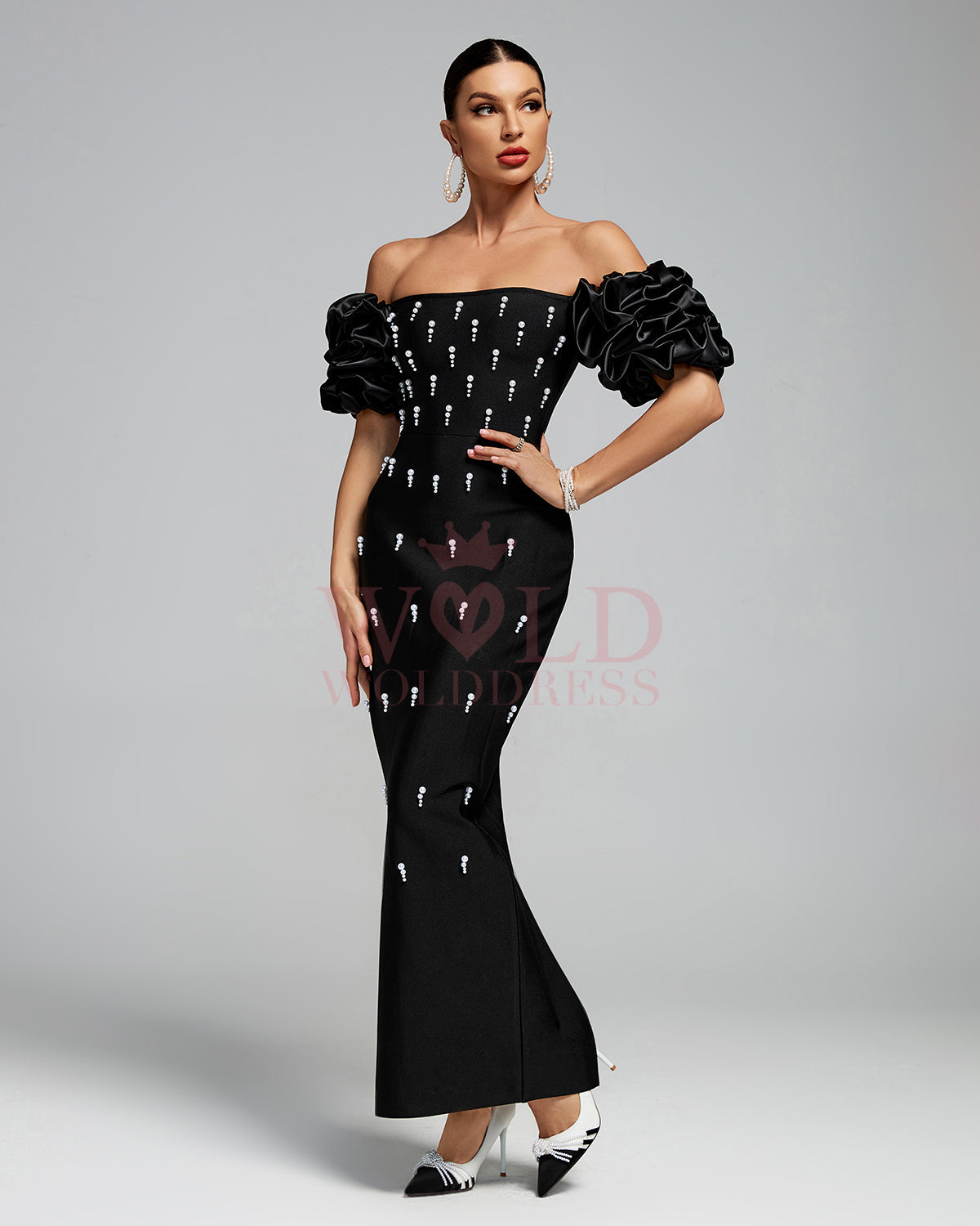 Off Shoulder Pearl Embellished Bandage Maxi Dress