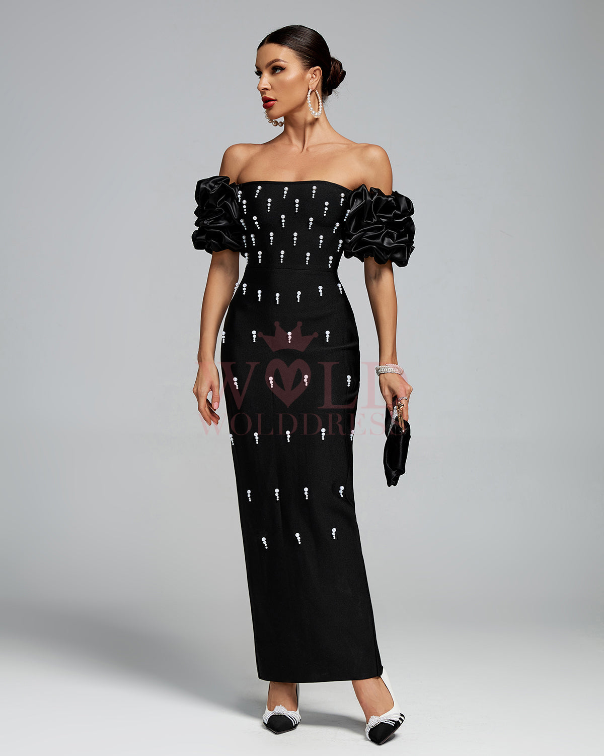 Off Shoulder Pearl Embellished Bandage Maxi Dress