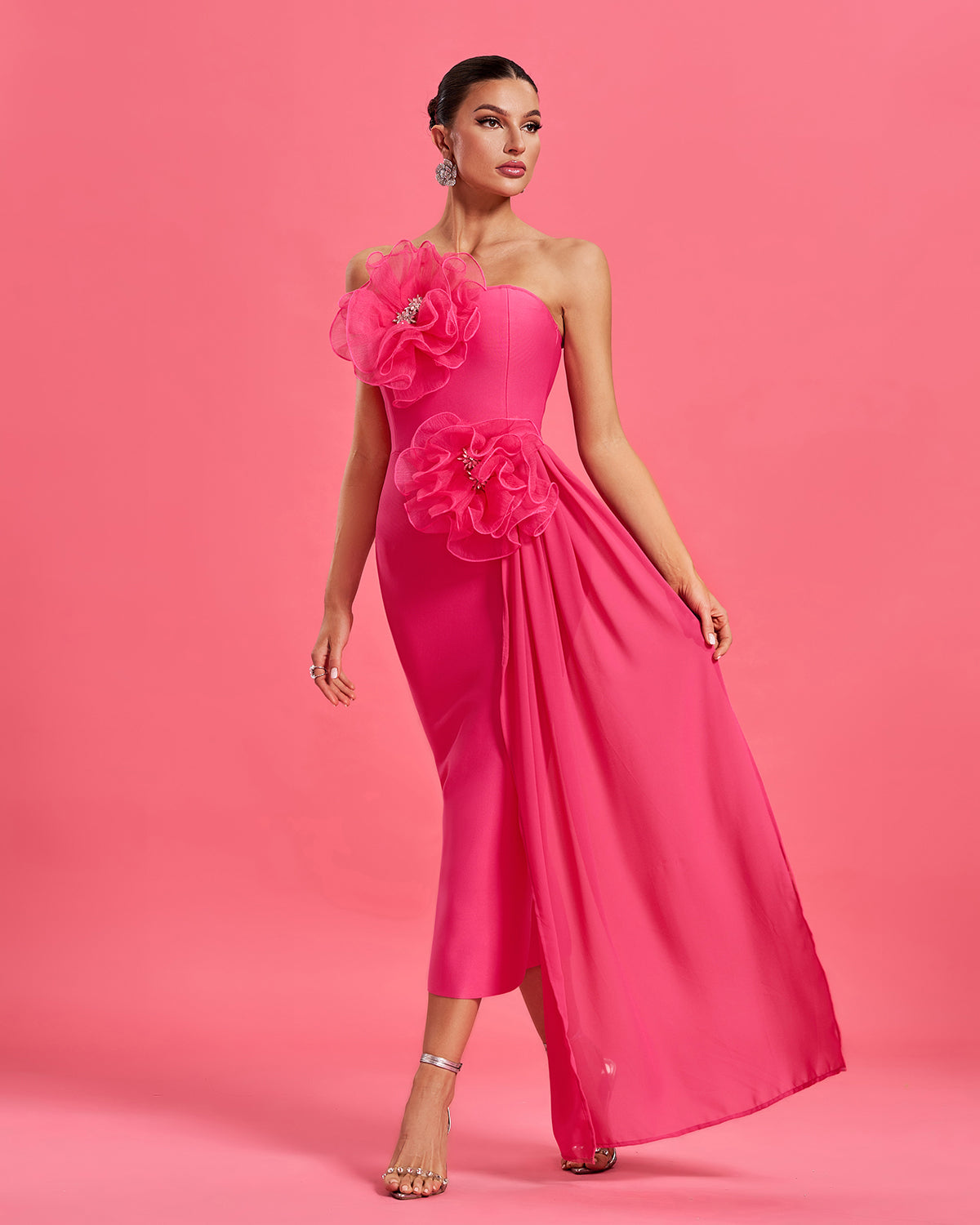Huge Flowers Draped Bandage Midi Dress