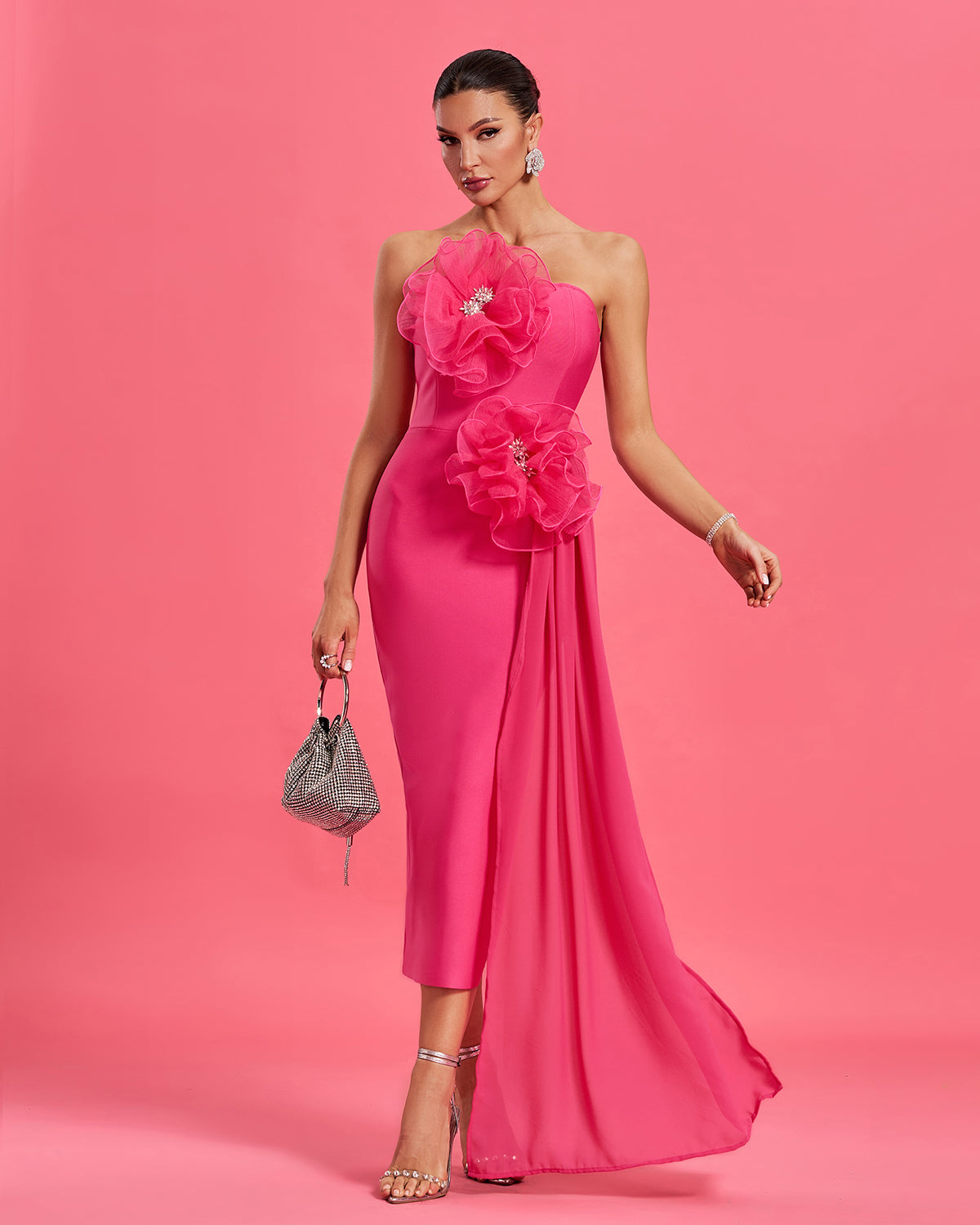 Huge Flowers Draped Bandage Midi Dress