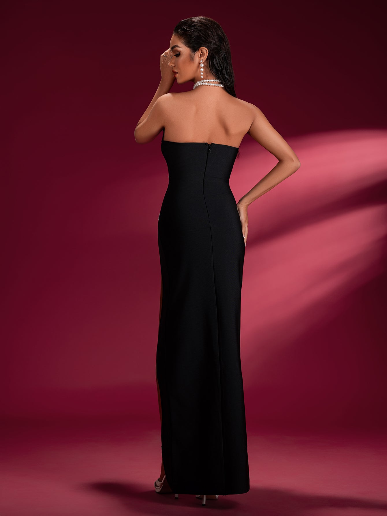 Pearl-embellished High Slit Bandage Dress