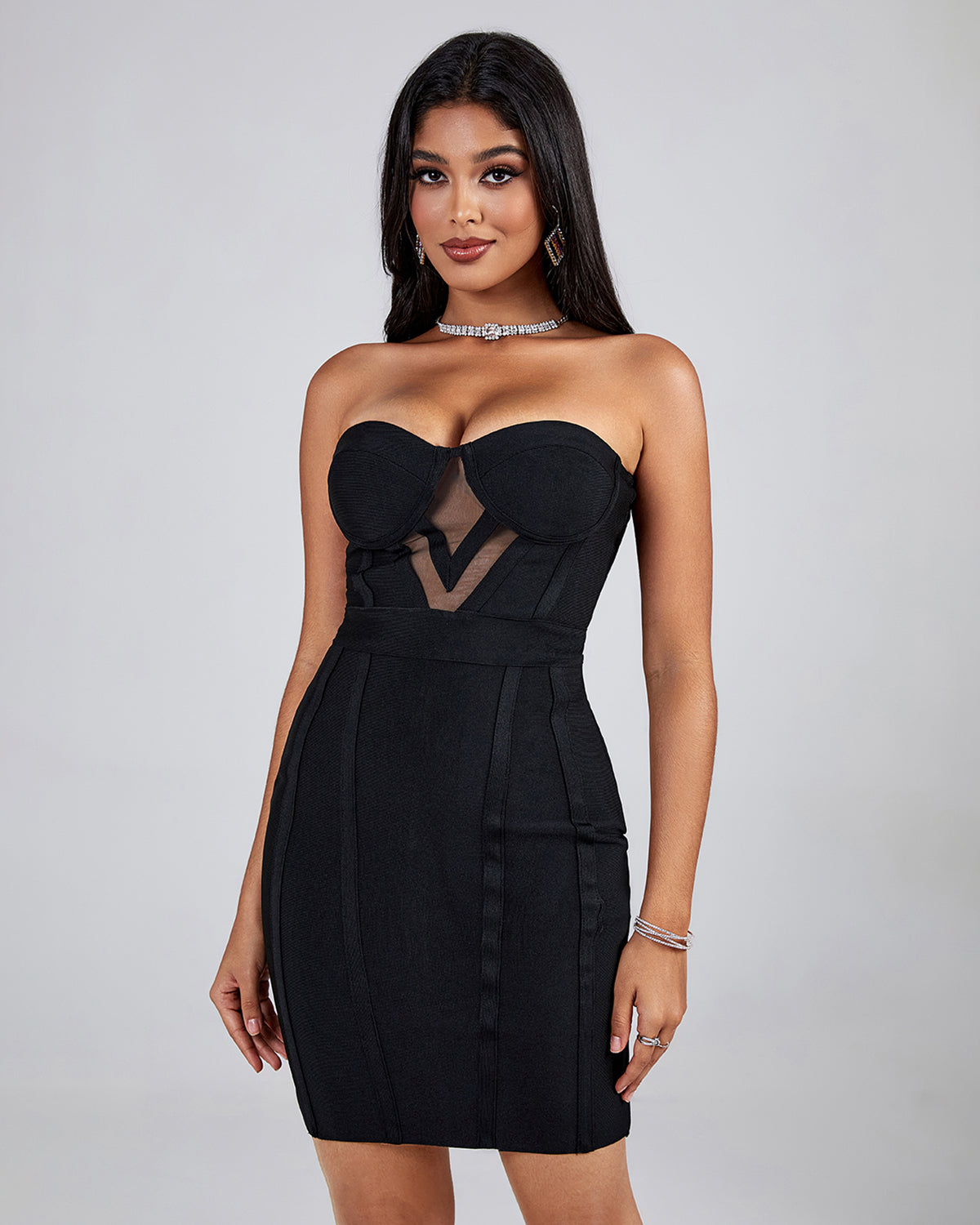 Strapless Cutout Mesh Mini Bandage Dress