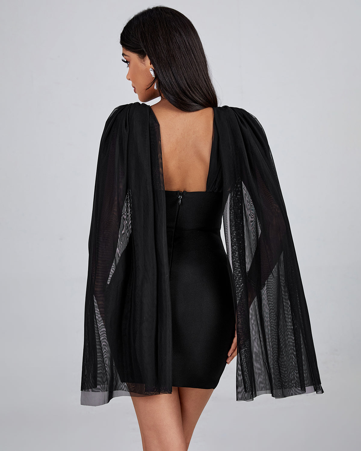V Neck Tulle Detail Mini Bandage Dress