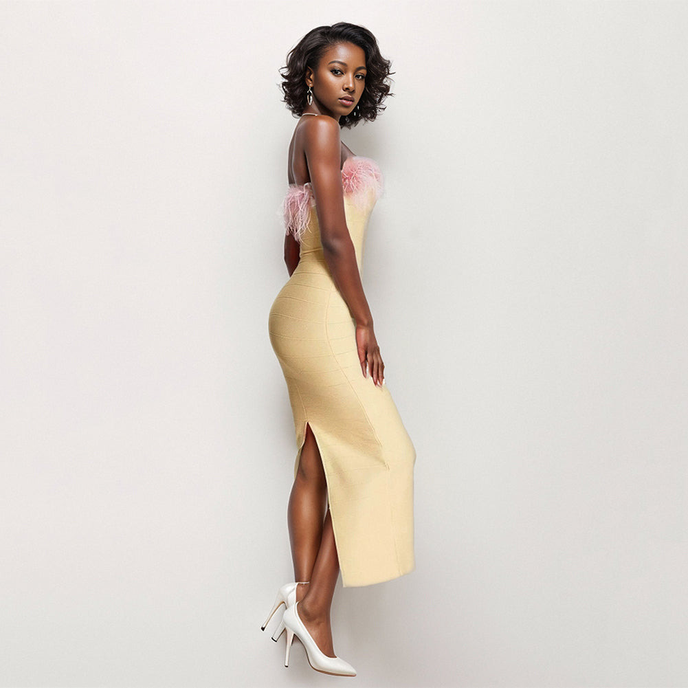 Off Shoulder Sleeveless Feather Midi Bandage Dress PZC2340
