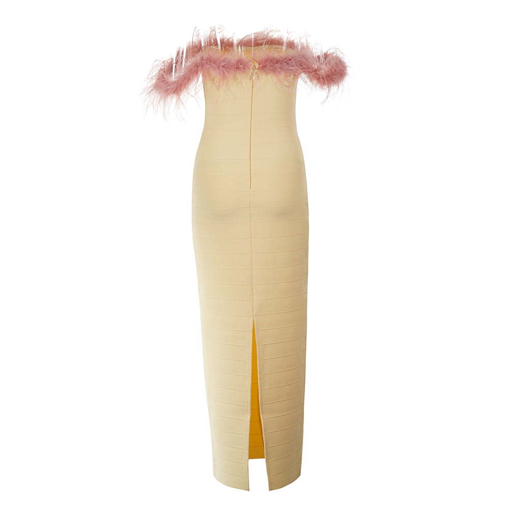 Off Shoulder Sleeveless Feather Midi Bandage Dress PZC2340