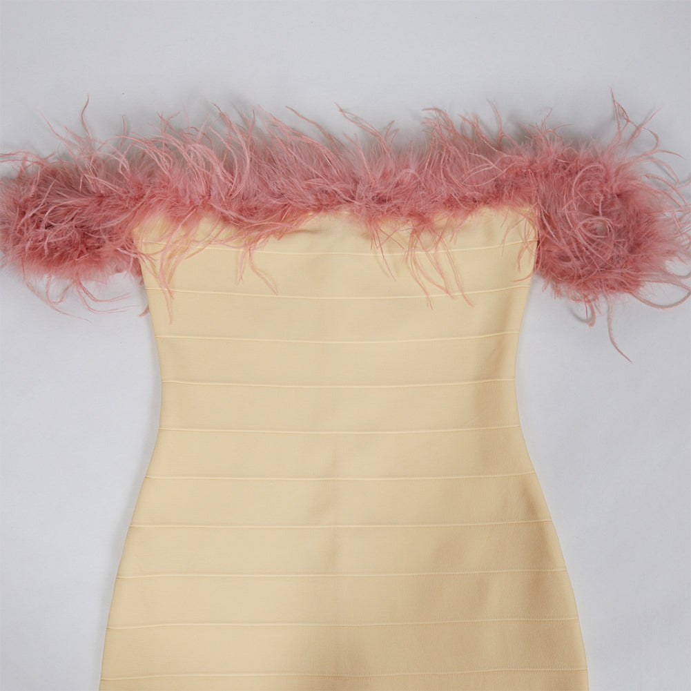 Off Shoulder Sleeveless Feather Midi Bandage Dress PZC2340
