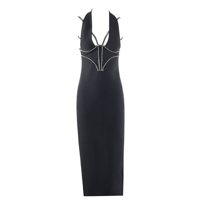 Halter Sleeveless Rhinestone Midi Bandage Dress PZC2466