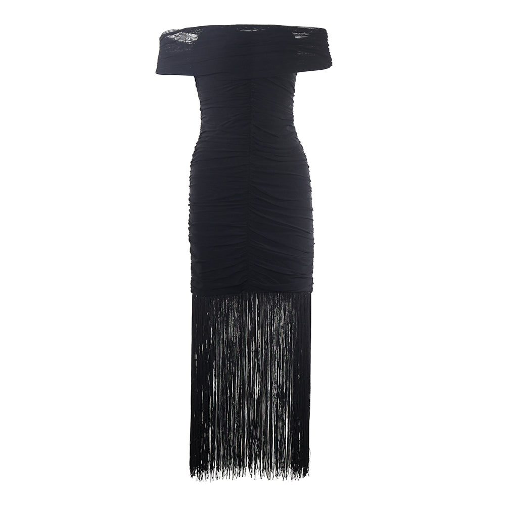 Off Shoulder Tassels Midi Bandage Dress PZC2562