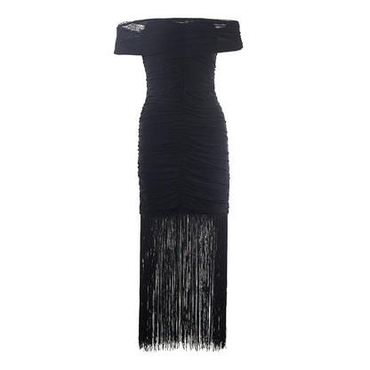 Off Shoulder Tassels Midi Bandage Dress PZC2562