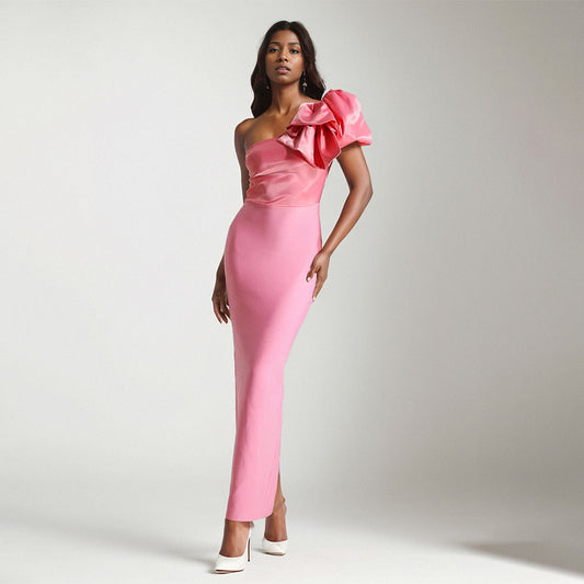 One Shoulder Pink Bandage Dress with Bowknot Splicing