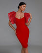 Elegant Puff Sleeve Tulle Midi Bandage Dress