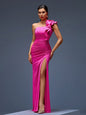 One Shoulder Ruffled Crepe Maxi Gown