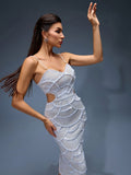 Pearl Sequin Hollow-out Midi Dress