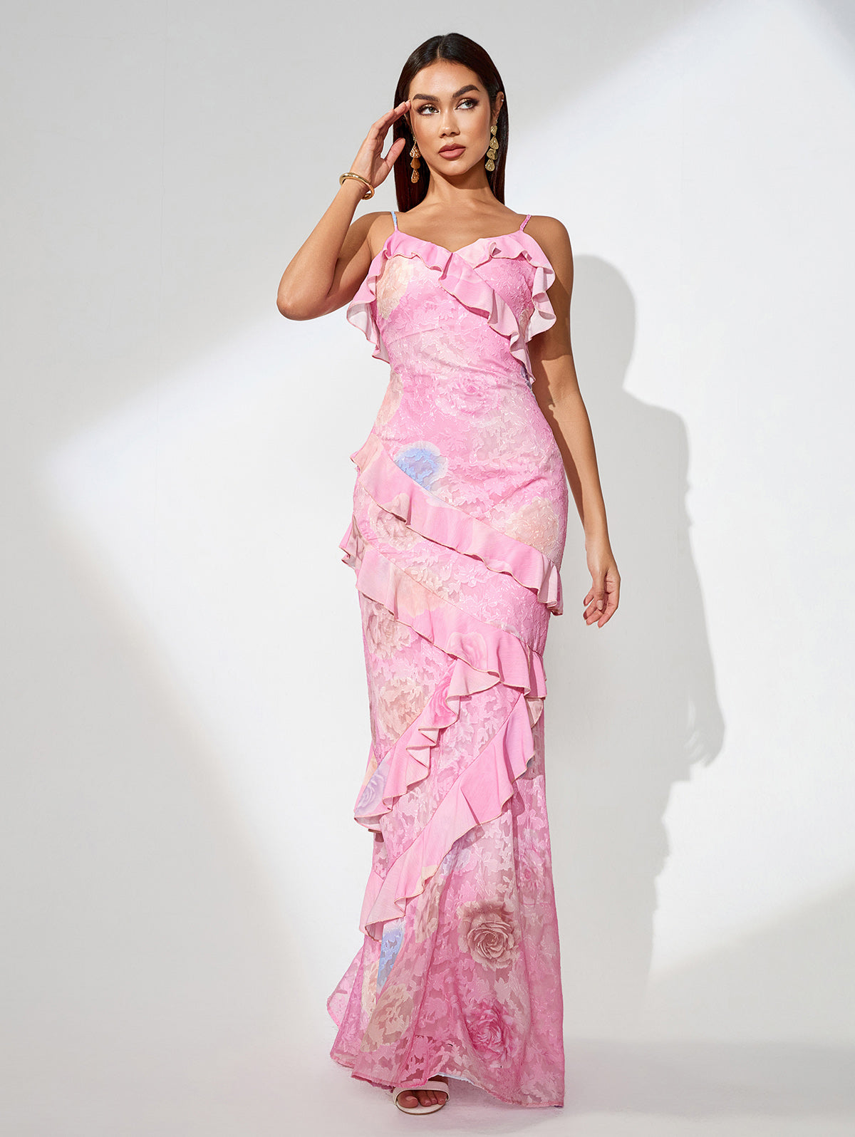 Open Back Jacquard Ruffle Maxi Dress