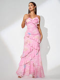 Open Back Jacquard Ruffle Maxi Dress