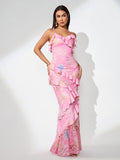 Open Back Jacquard Ruffle Maxi Dress
