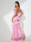 Open Back Jacquard Ruffle Maxi Dress