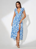 V-neck Ruffle Floral Print Dress