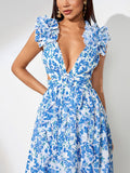 V-neck Ruffle Floral Print Dress