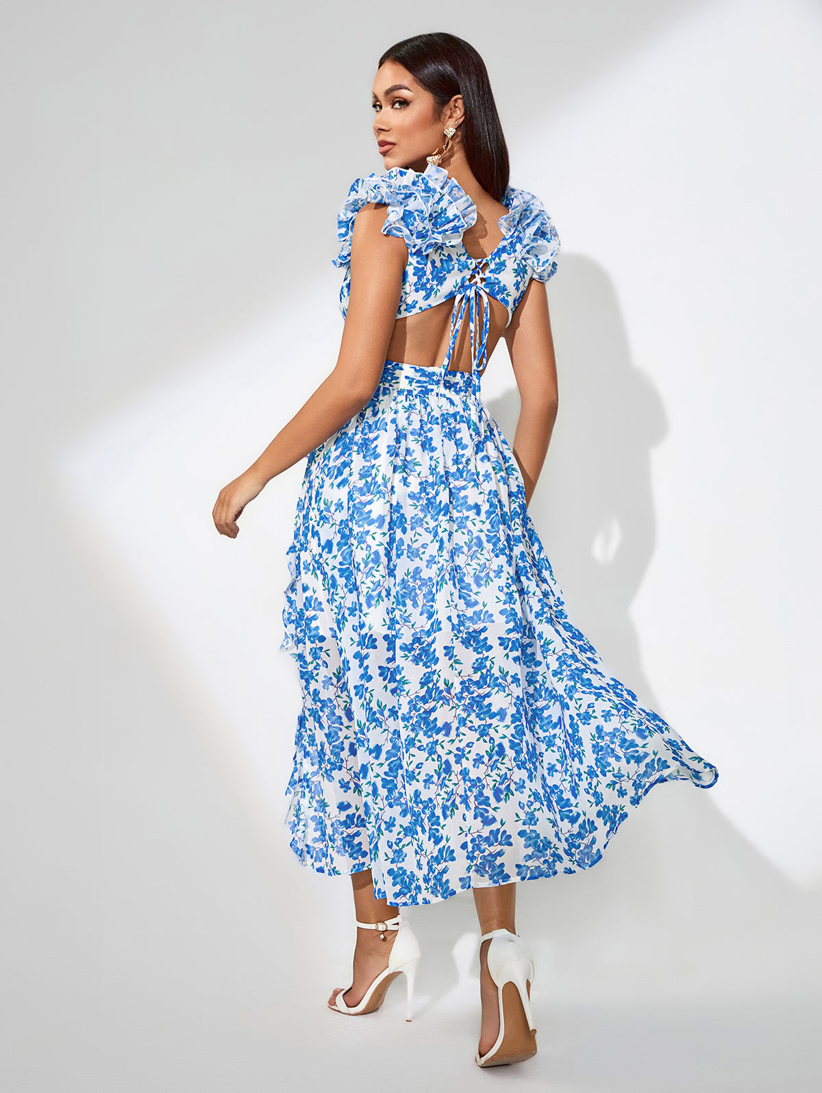 V-neck Ruffle Floral Print Dress