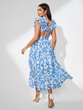 V-neck Ruffle Floral Print Dress