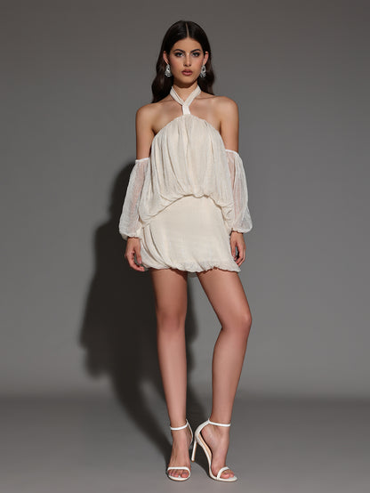 Halterneck Fluffy Mini Backless Dress