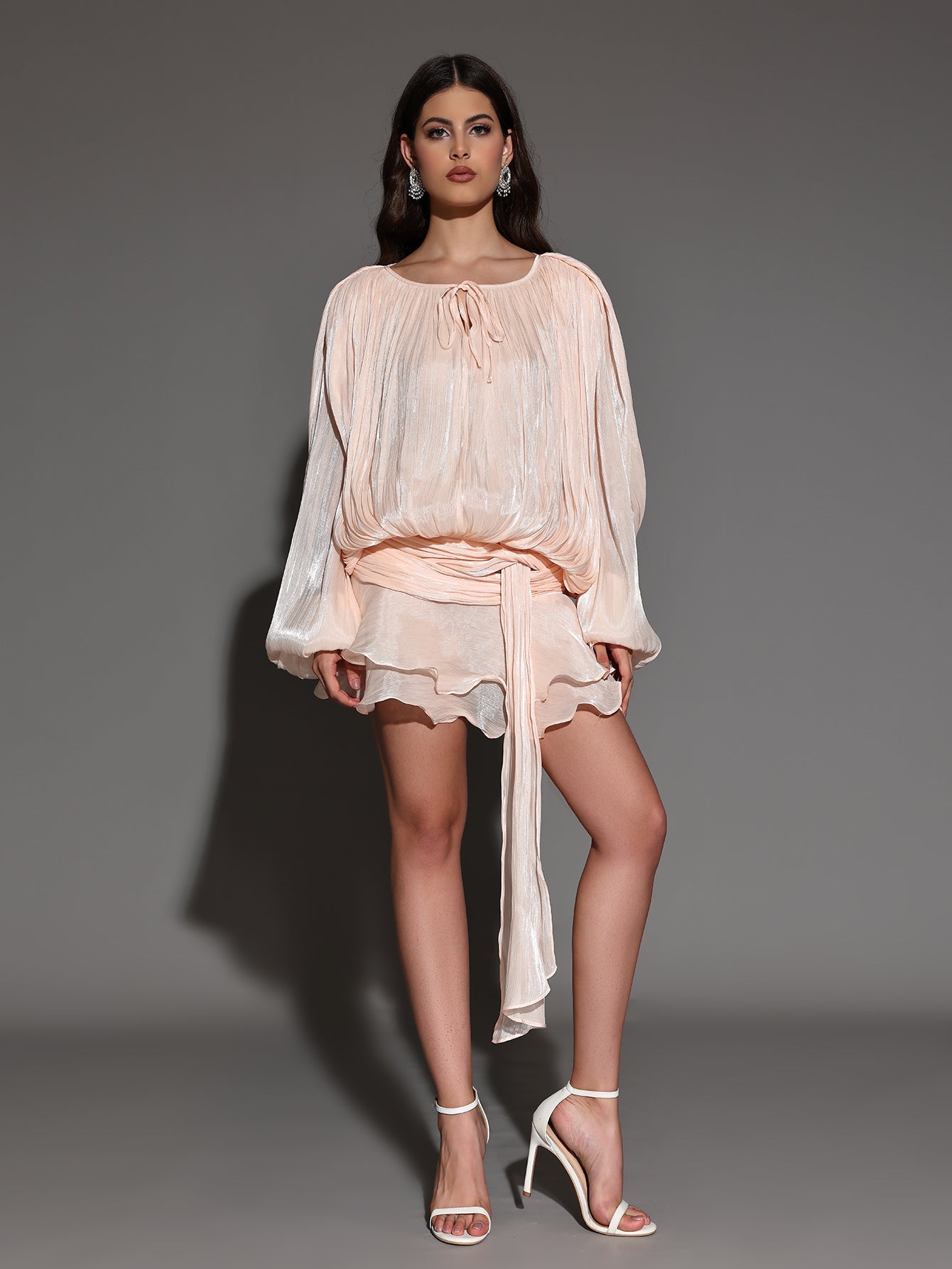 Round Neck Fluffy Pleated Mini Dress