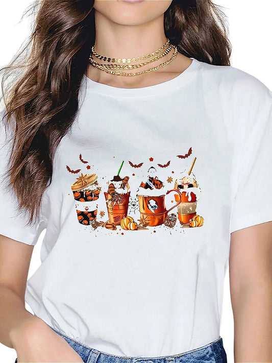 KevaMolly Graphic T Shirts for Women Summer Casual Halloween Printed Tee Cotton Tops Loose Fit