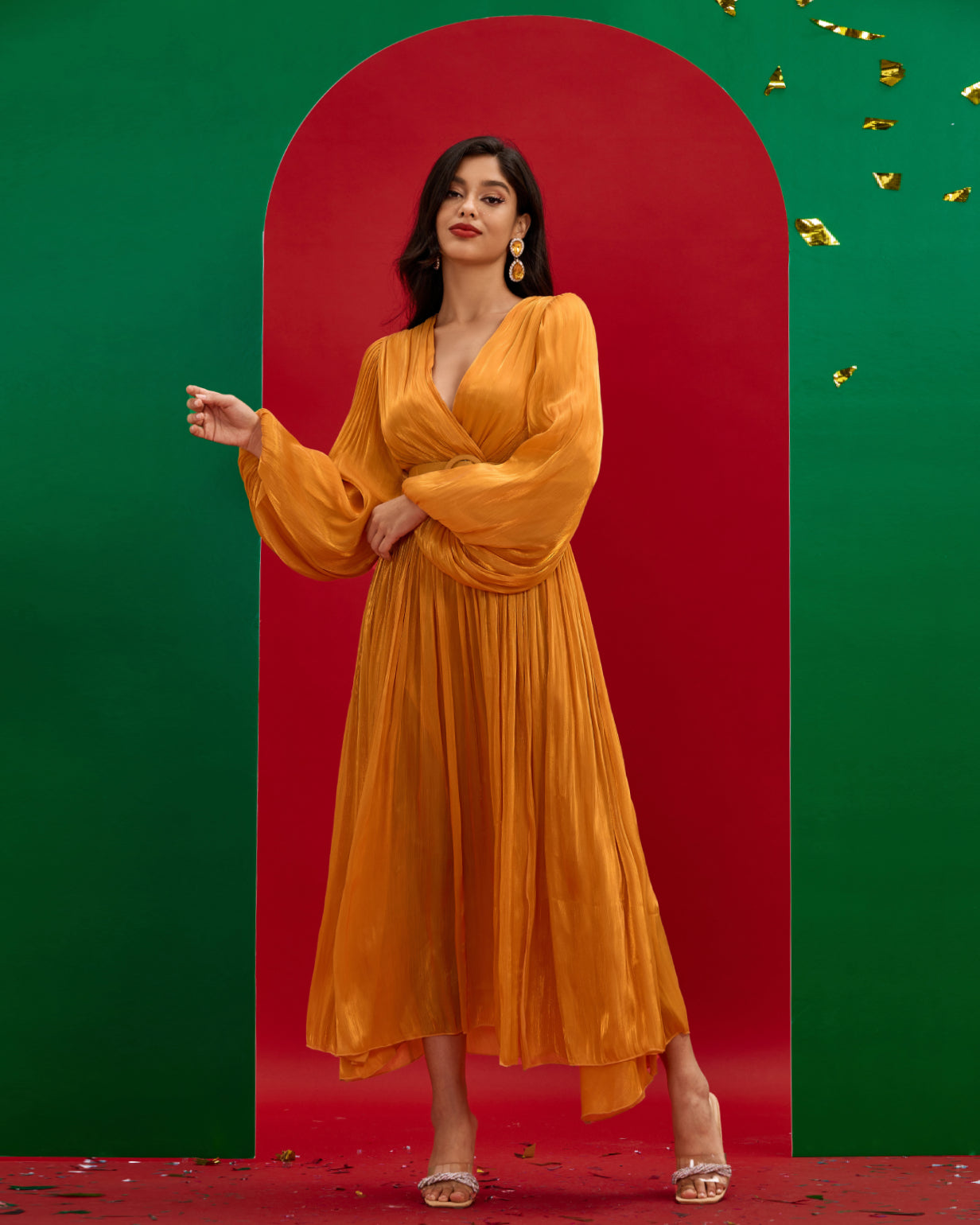 V-neck Pleated Maxi Dress