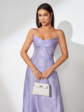 Purple Jacquard Strap Flared Dress