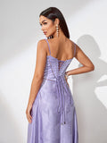 Purple Jacquard Strap Flared Dress