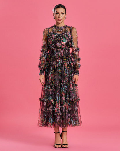 Bishop Sleeve Floral Tulle Ruffle Dress