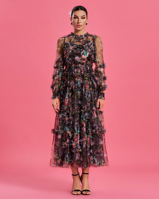 Bishop Sleeve Floral Tulle Ruffle Dress