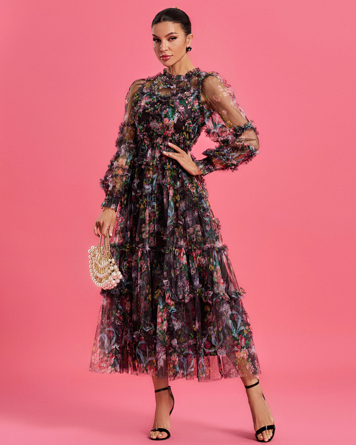 Bishop Sleeve Floral Tulle Ruffle Dress