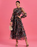 Bishop Sleeve Floral Tulle Ruffle Dress