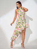 Halter Floral Asymmetric Backless Dress