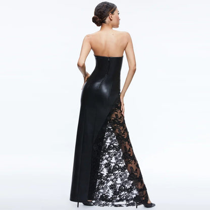 Black Strapless Leather Maxi Dress