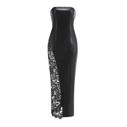 Strapless PU&Lace Splicing Maxi Dress ZNSBA1070