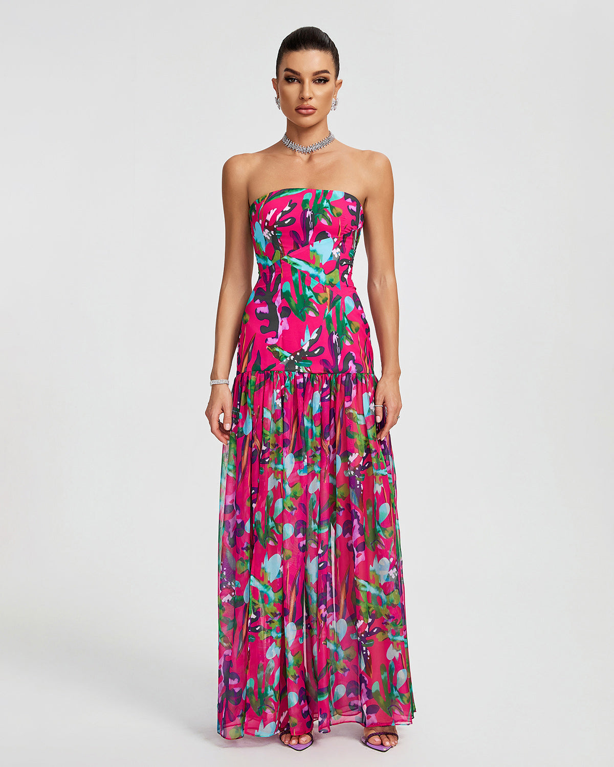 Strapless Chiffon High Split Maxi Dress