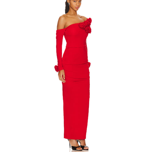 Red Rose Off Shoulder Column Dress