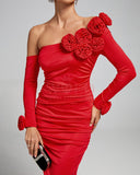 Slanted Shoulder Ruched Rose Flowers Dress