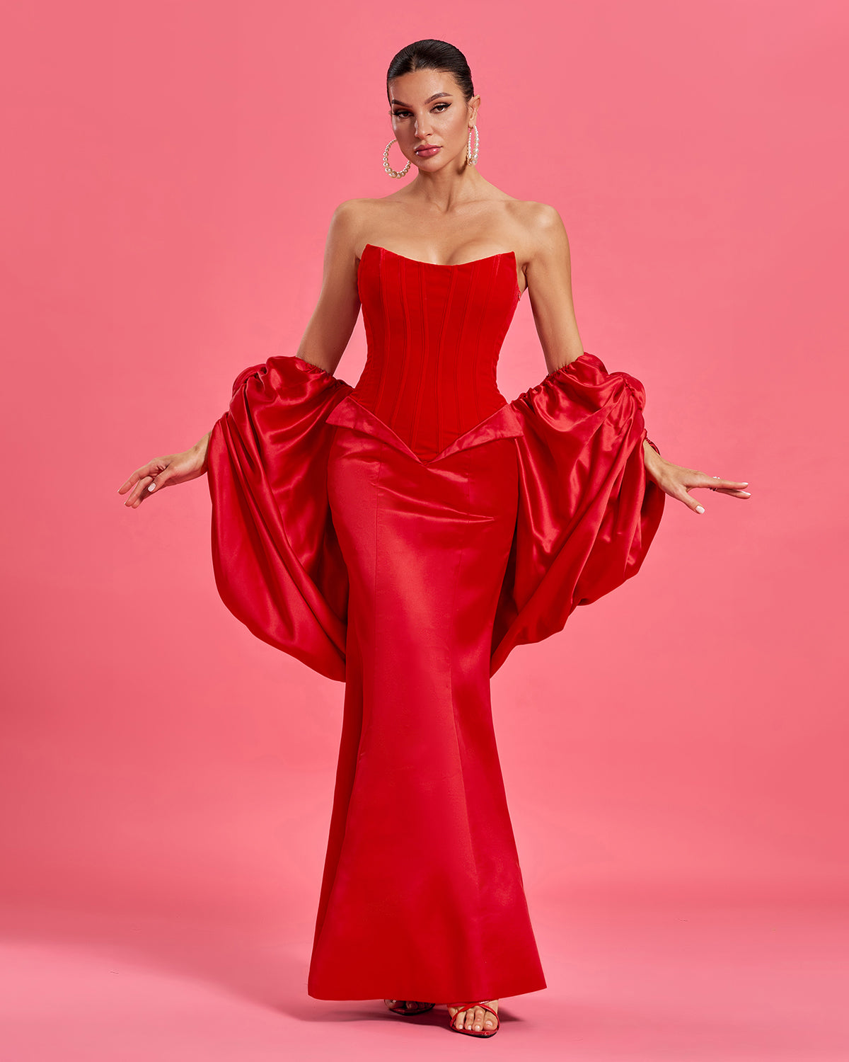 Red Satin Wedding Puffy Cape Gown