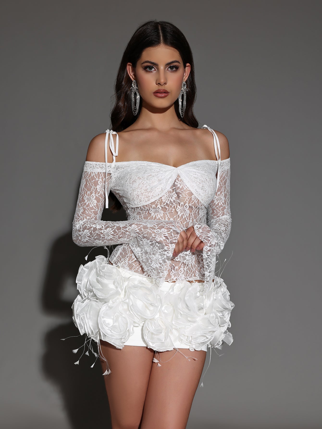 White Lace Top & 3D Floral Mini Set