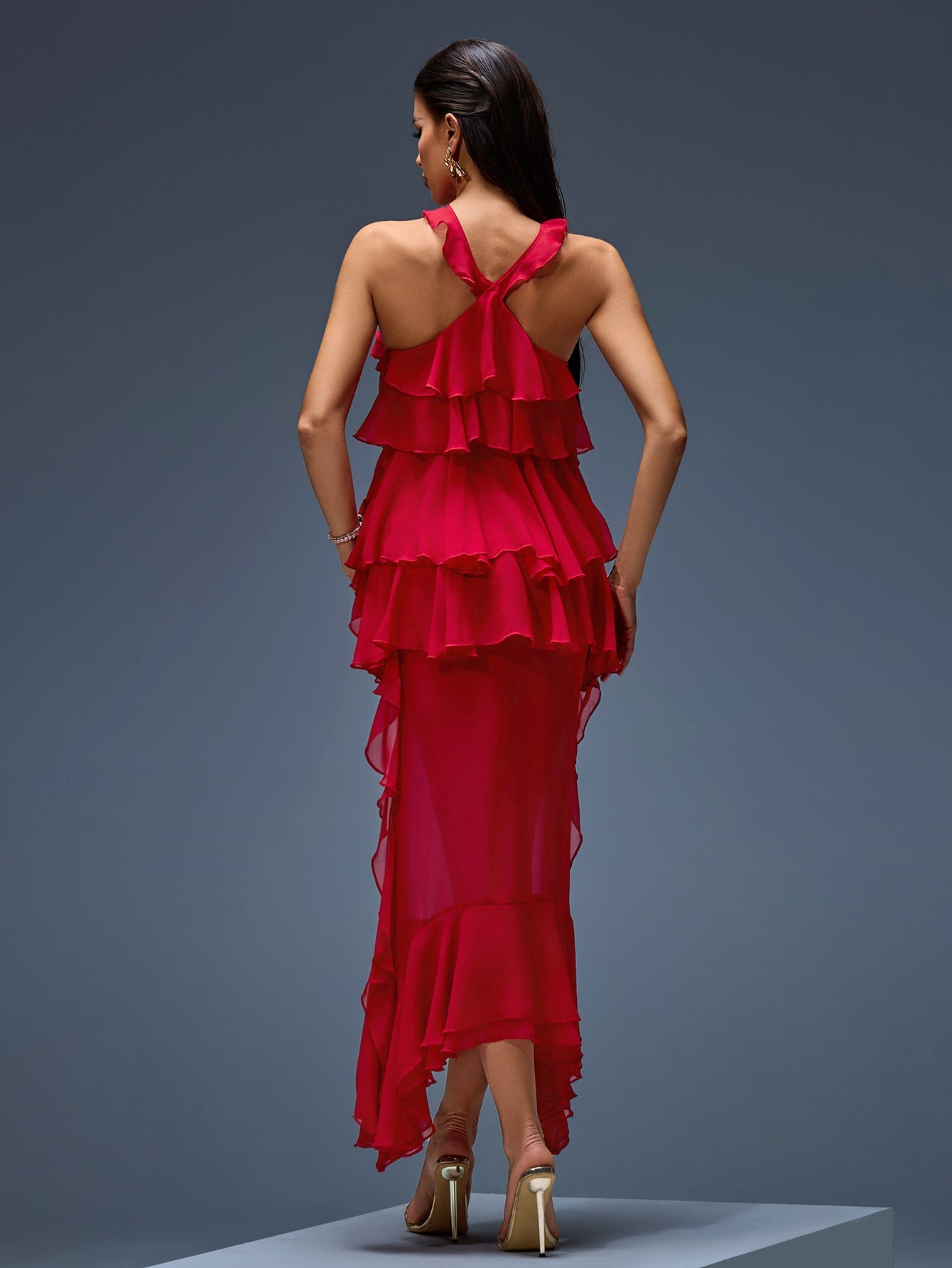 Halter Chiffon Ruffle Tiered Midi Dress