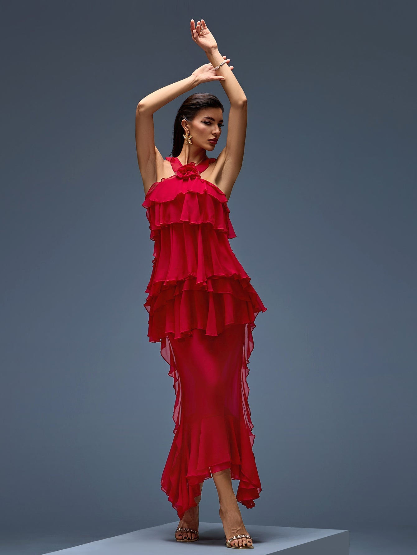 Halter Chiffon Ruffle Tiered Midi Dress