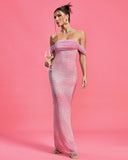 Pink Off-Shoulder Rhinestone Maxi Dress